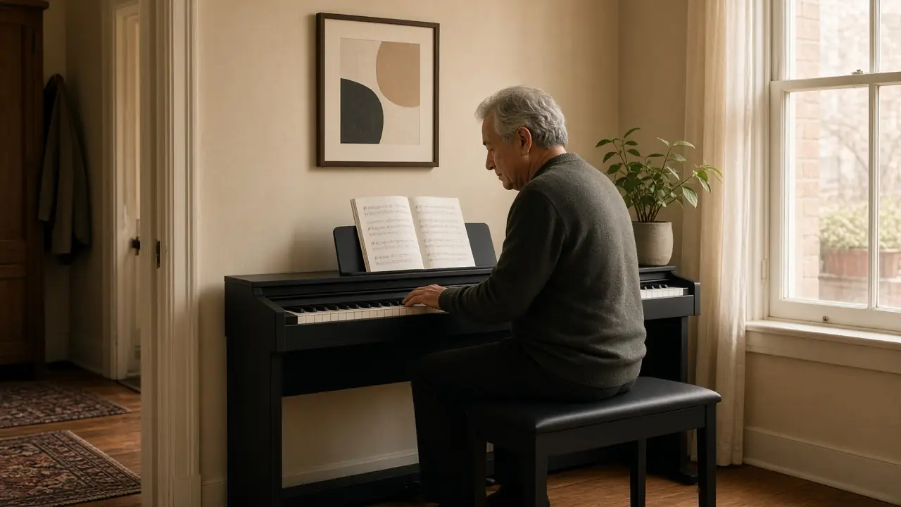 An older man playing a slim black digital piano that fits a narrow wall between a doorway and a window