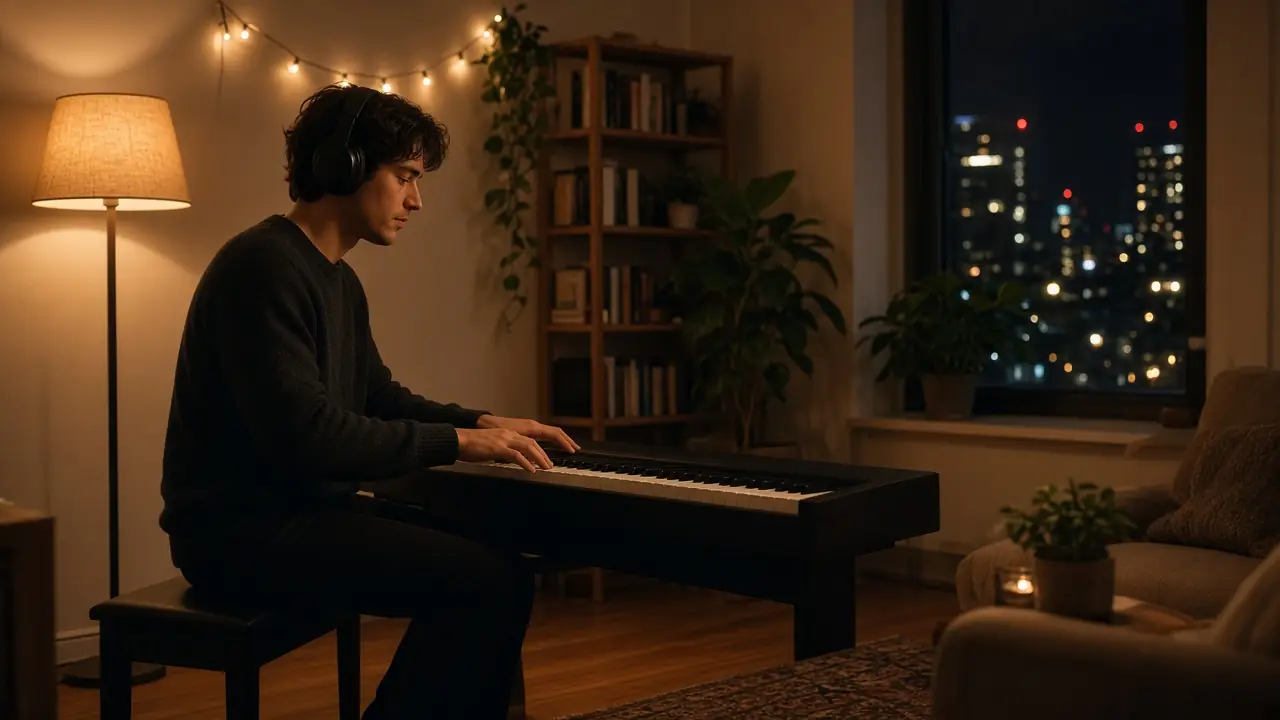 A person wearing headphones playing a slim digital piano in a cozy, lamp-lit apartment at night
