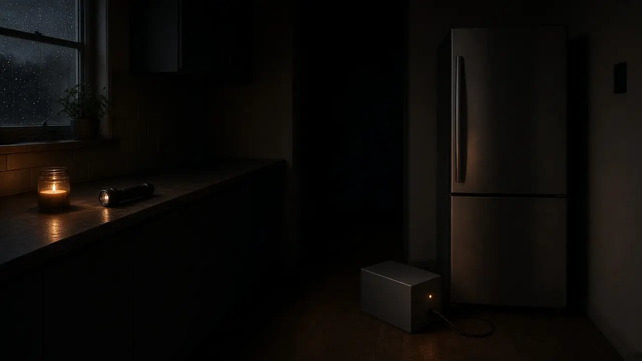 A dark kitchen during a power outage, lit by a candle and a flashlight on the counter, with a plain battery box plugged into the refrigerator