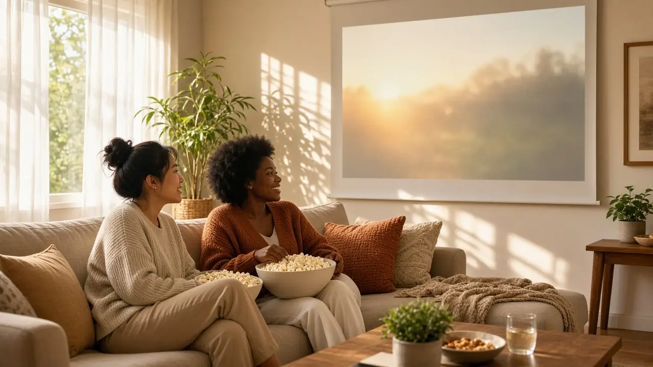 Two friends sharing popcorn on a sofa in a sun-filled living room, watching a large projected image on a wall screen
